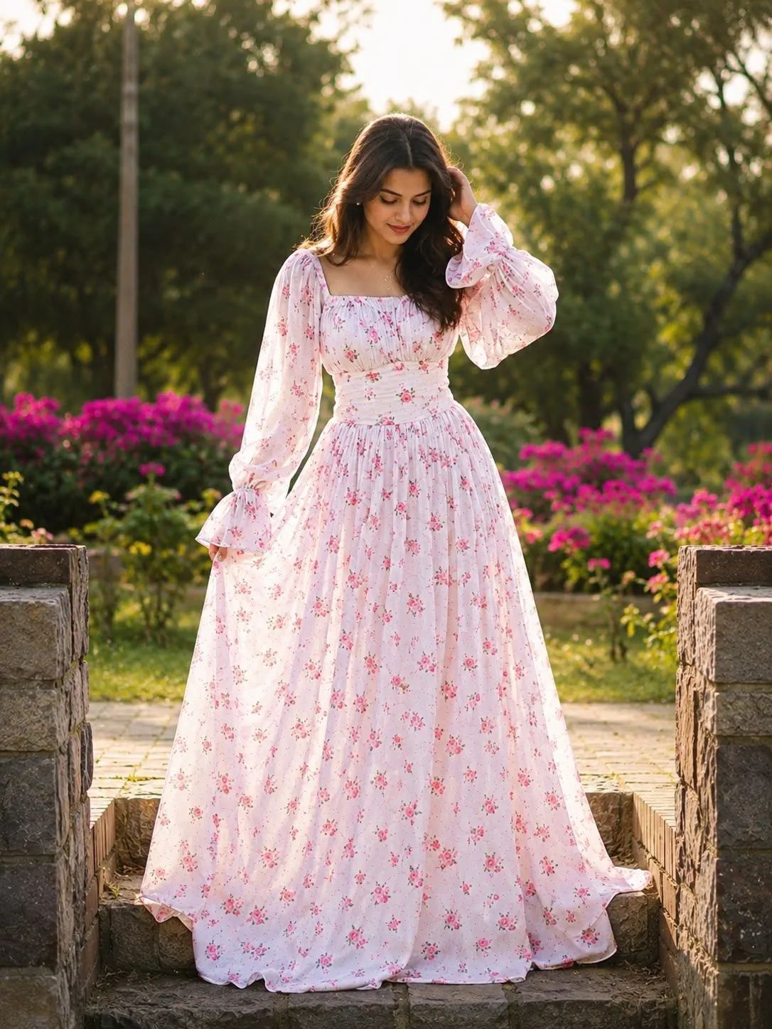 Aaap Blush Floral Corset Maxi Dress With Puff Sleeves image 5