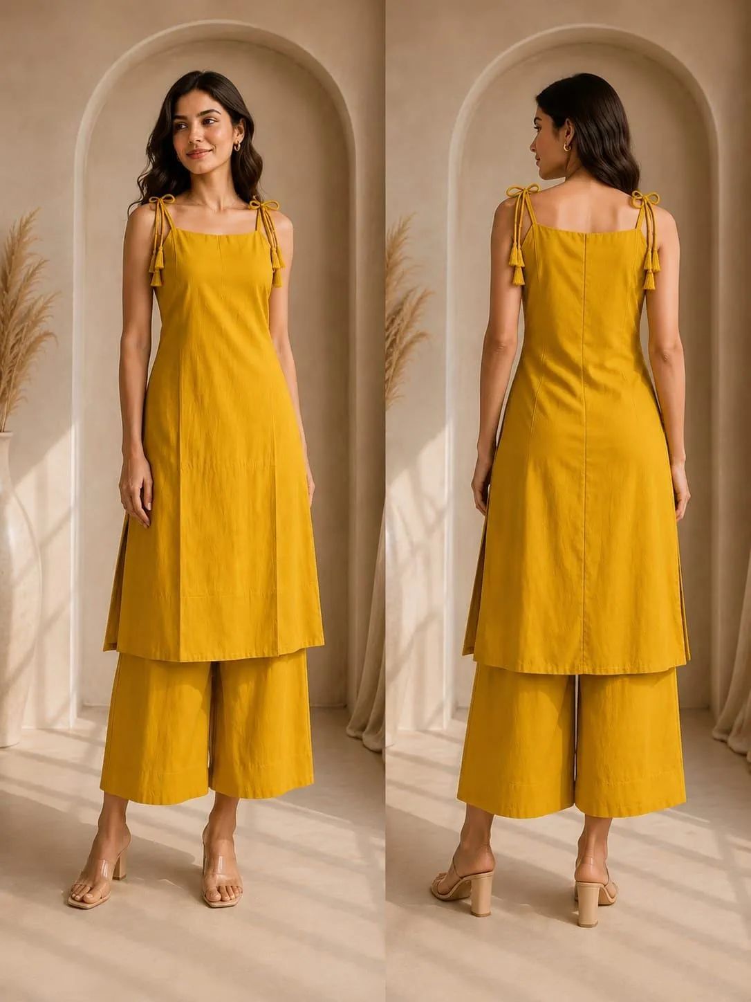 Mustard Yellow Tie Up Kurta Palazzo Set image 8
