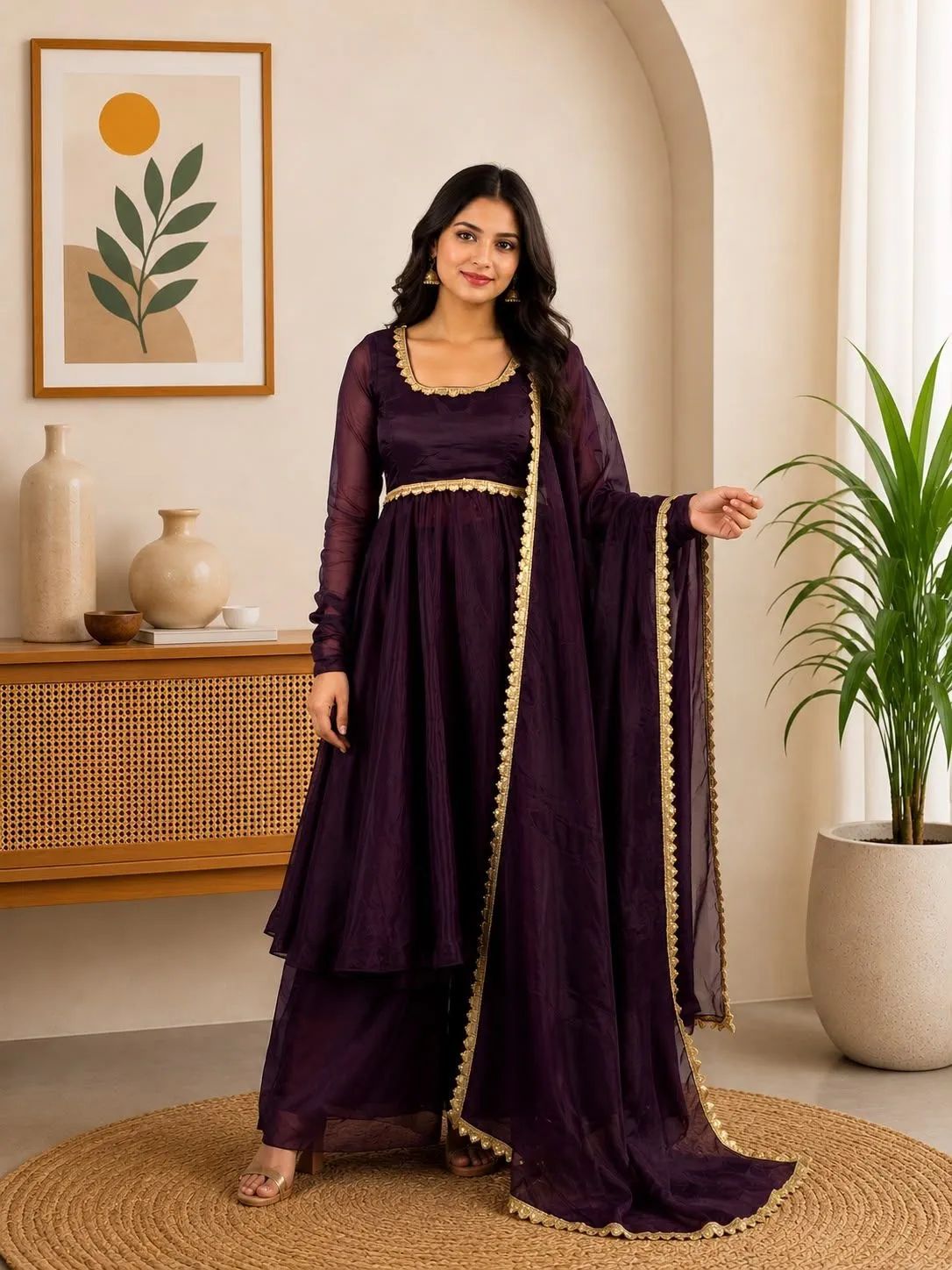Plum Embellished Anarkali Set With Dupatta image 2