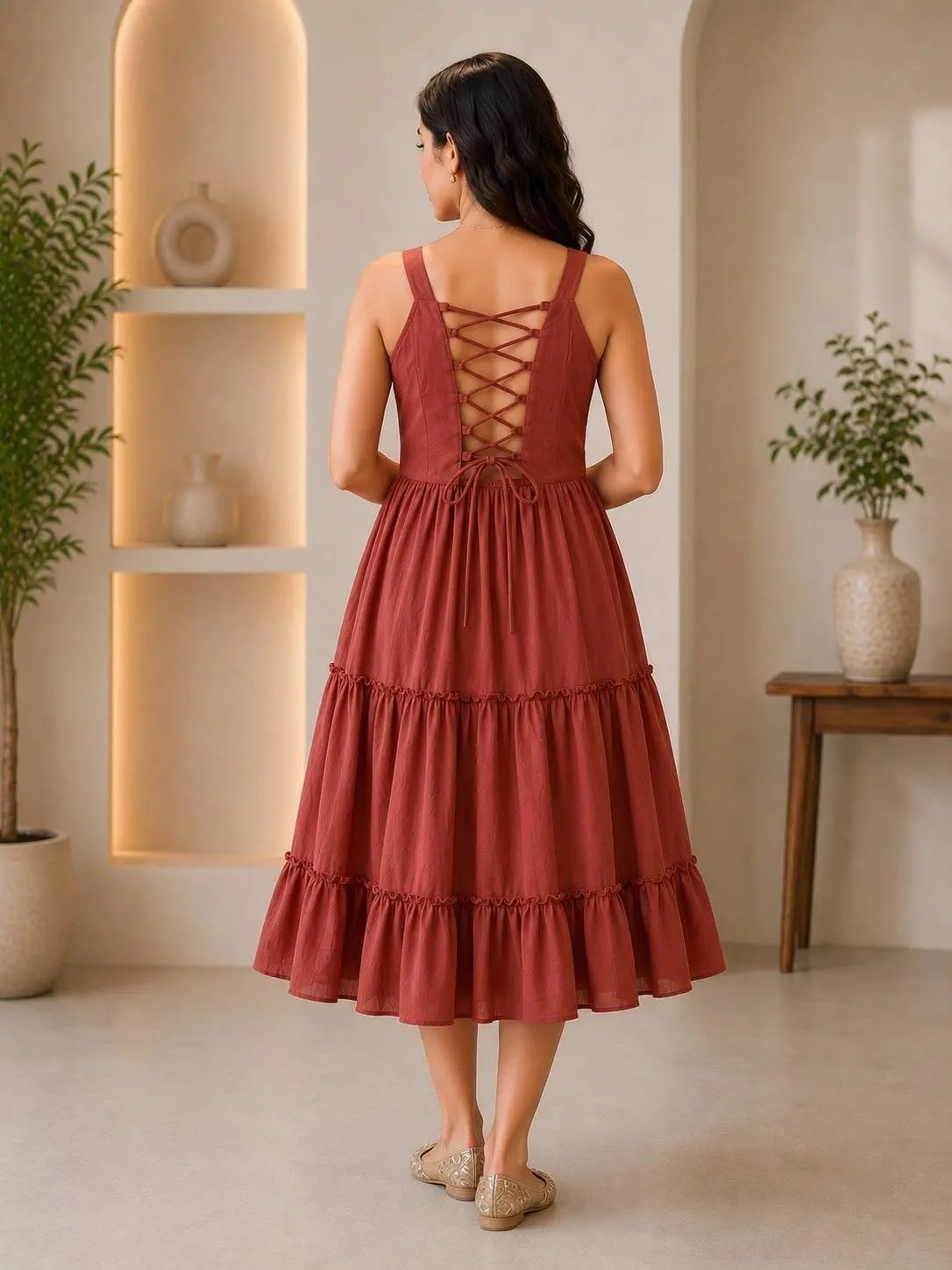 Aaap Rust Tiered Wrap Midi Dress With Lace Up Back image 3