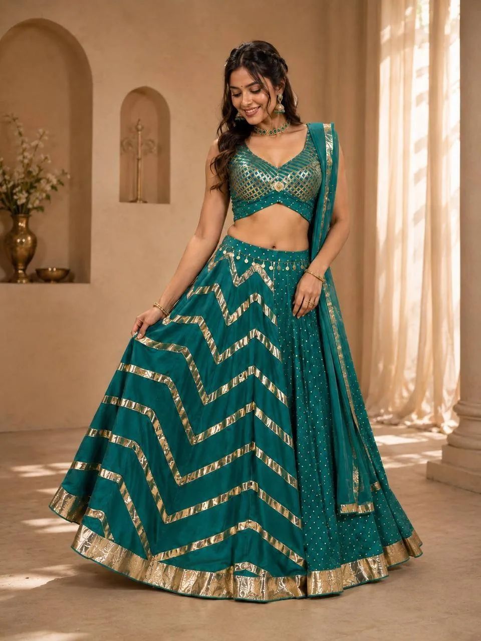 Teal Green Embellished Lehenga Choli Set With Golden Zigzag Border image 7