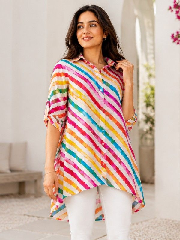 Rainbow Stripes Asymmetric Shirt Available In All Size Xs To 6XL image 5