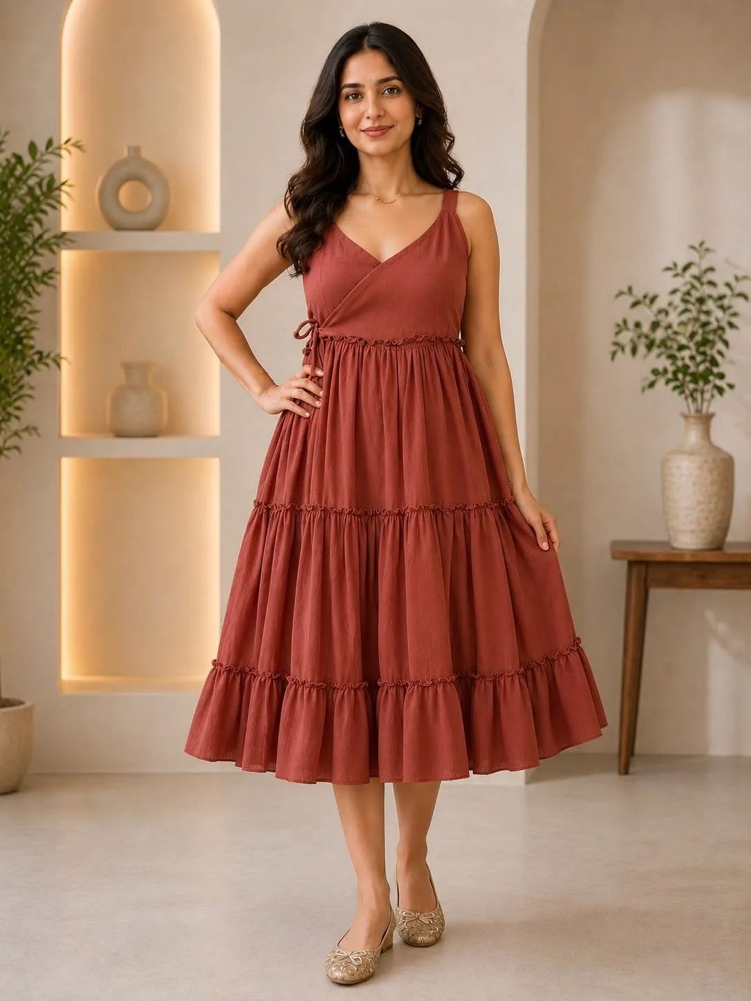 Aaap Rust Tiered Wrap Midi Dress With Lace Up Back image 10