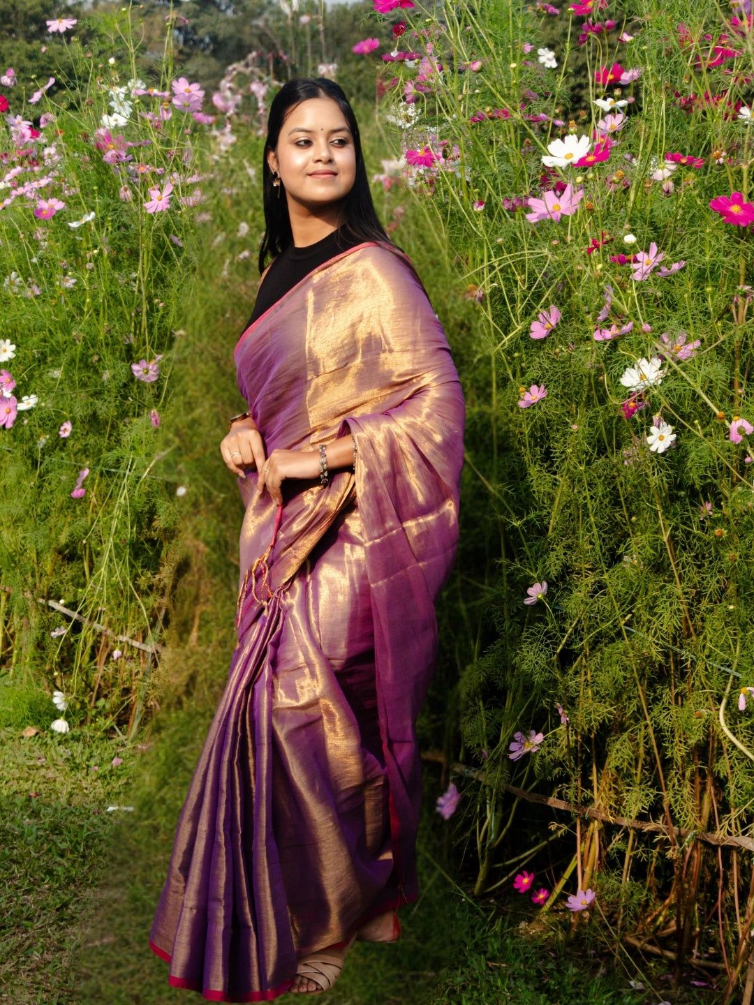 Sunehri Rush | Gold & Pink Handloom Tissue Saree