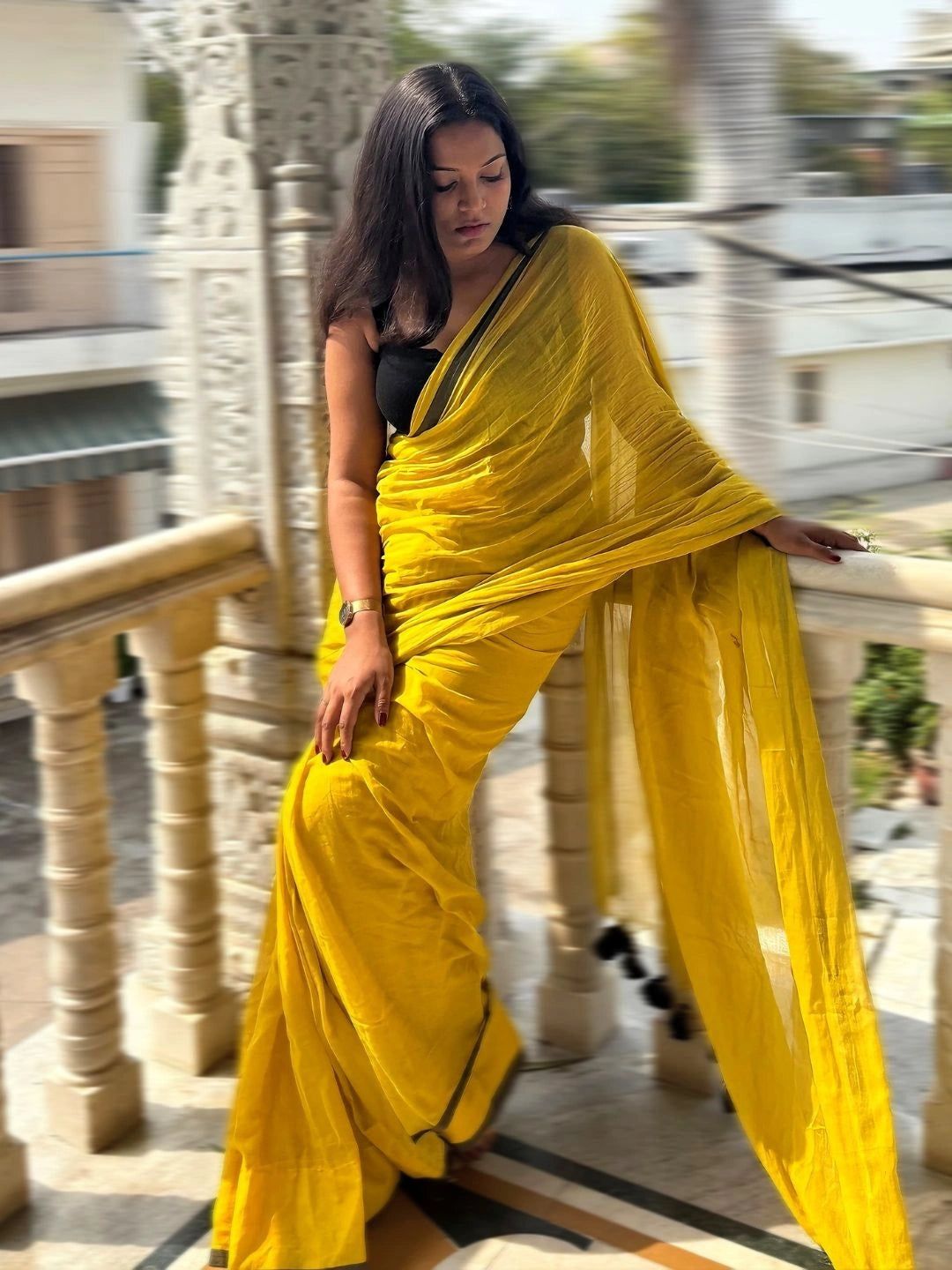 Sona Saaya | Lime Yellow Handloom Cotton Saree