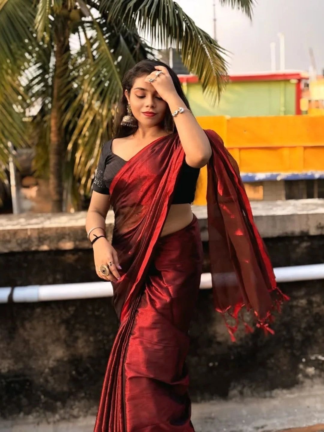 Wine Drizzle| Wine Red Handloom Tissue Saree