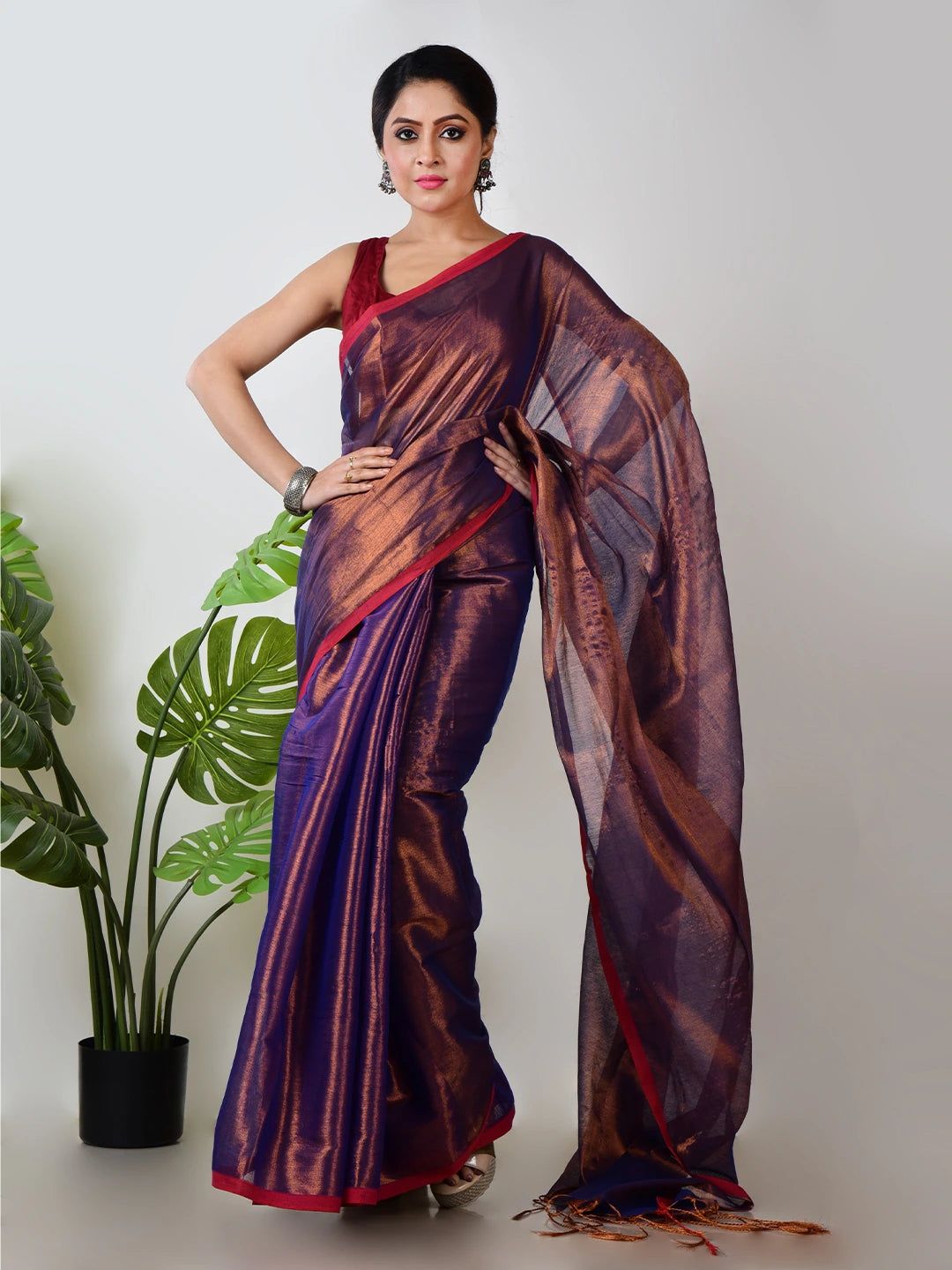 Midnight Melt | Copper & Blue Handloom Tissue Saree