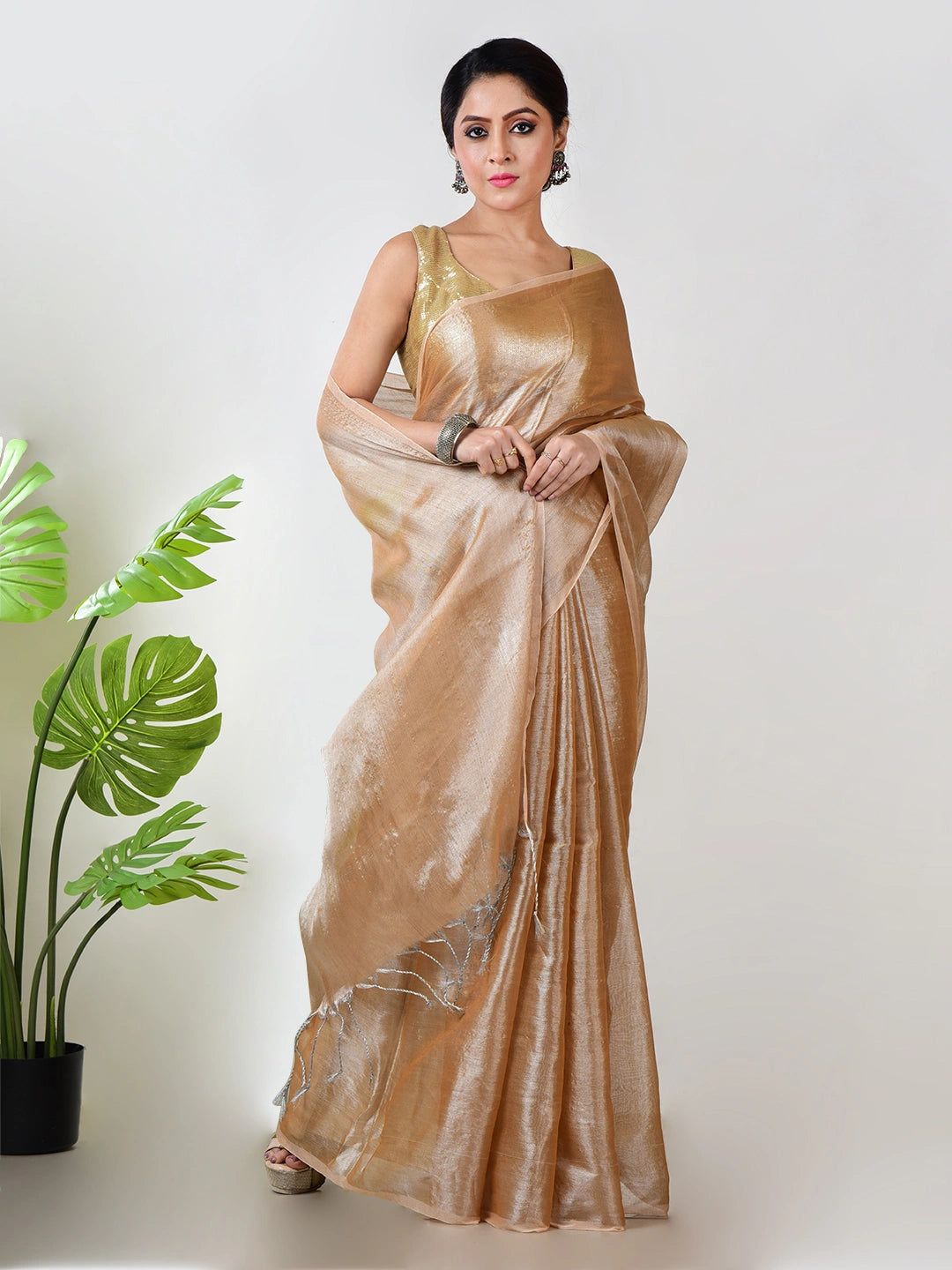 Rosy Dazzle | Rose Gold Handloom Tissue Saree