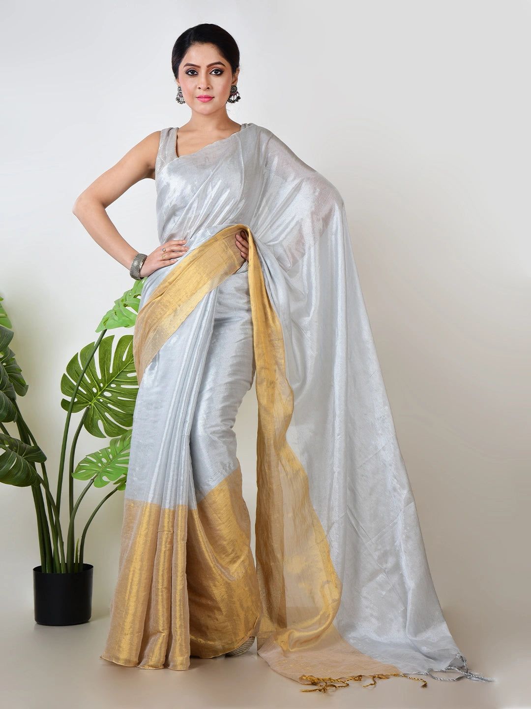 Butterscotch | White And Yellow Handloom Tissue Saree