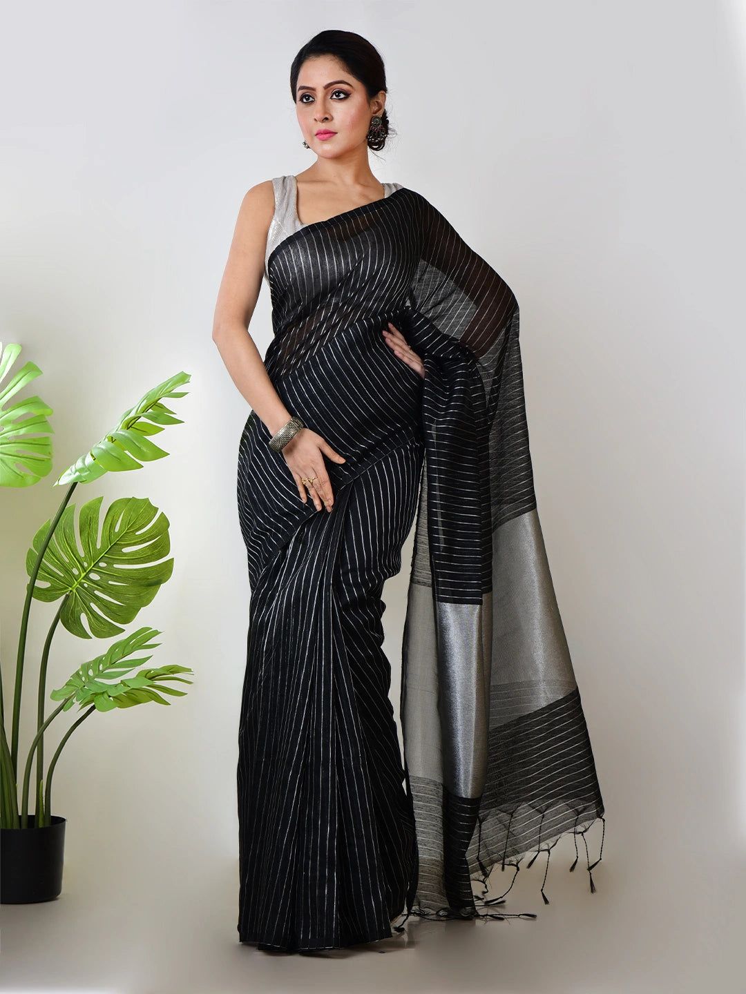 Nritya Nupur | Black Handloom Linen Saree With White Zari Stripe