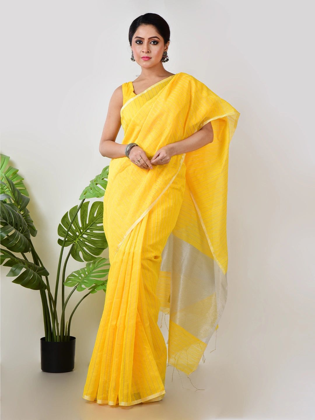 Apsara Aabha | Yellow Handloom Linen Saree With White Zari Stripe - Shopdibz