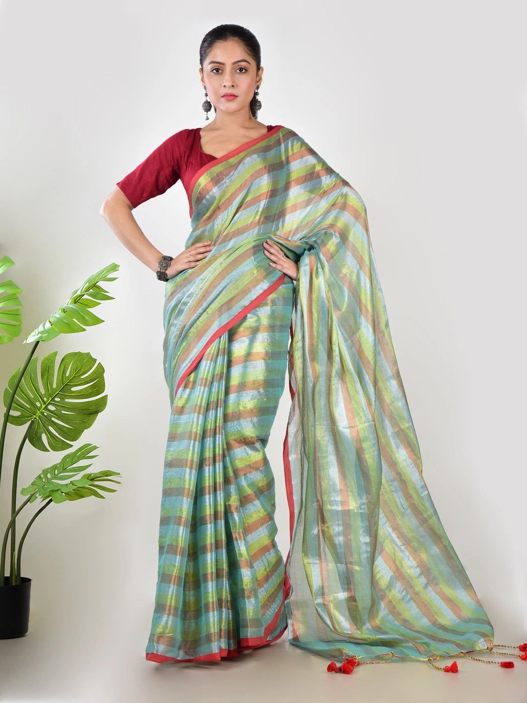 Jhilmil Noor | Green Multi Color Tissue Saree