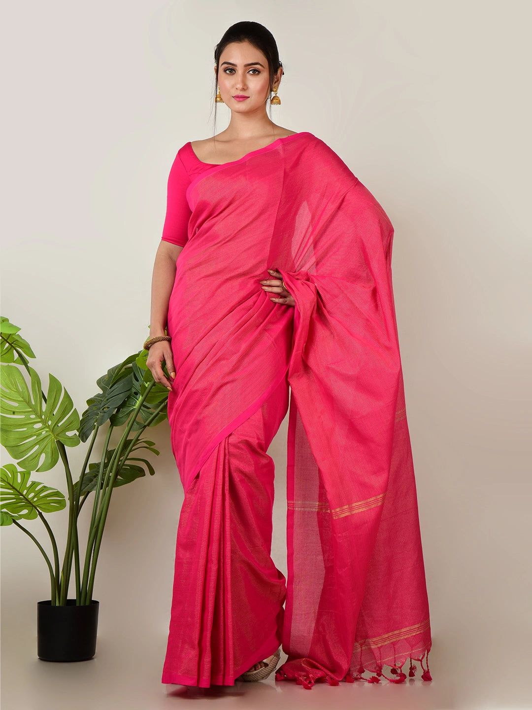 Scarlet Petals | Raspberry Pink Handloom Linen Saree With Golden Zari Stripe