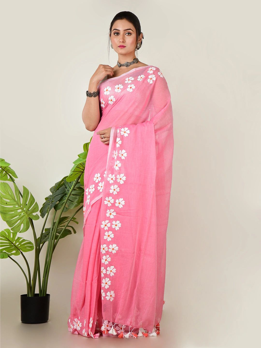 Meethi Gulab | Cotton Candy Pink Handloom Cotton Saree With Delicate Handcrafted Floral Art
