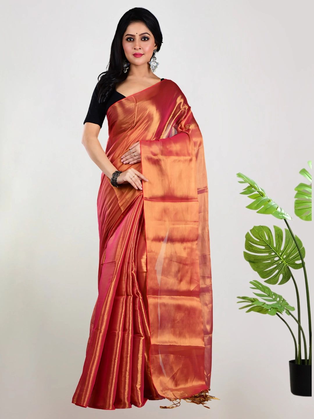 Orange Glow | Orange Handloom Tissue Saree