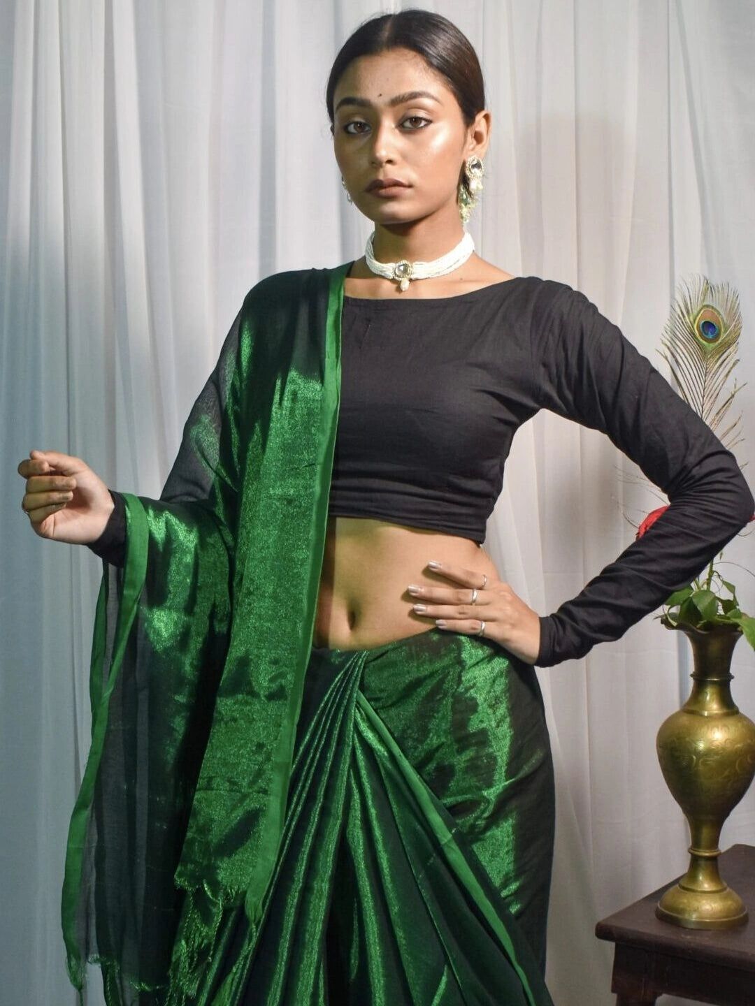 Hara Noor | Bottle Green Handloom Tissue Saree