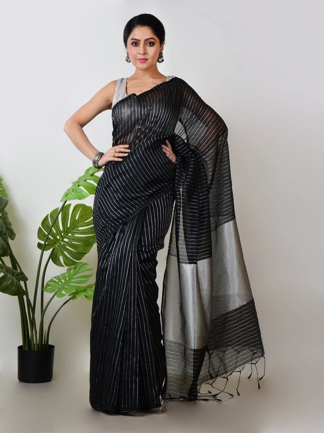 Nritya Nupur | Black Handloom Linen Saree With White Zari Stripe image 2