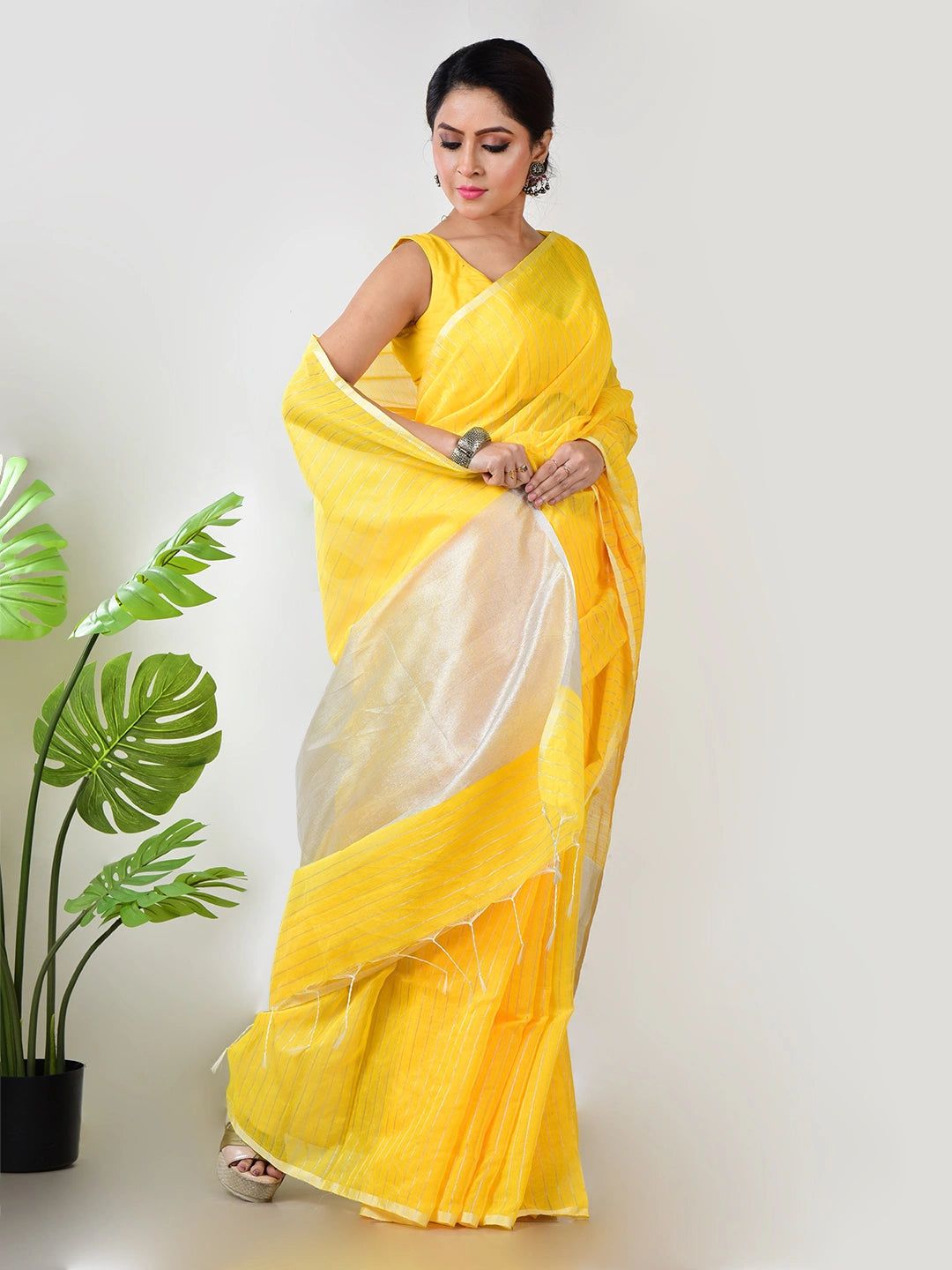 Apsara Aabha | Yellow Handloom Linen Saree With White Zari Stripe image 2