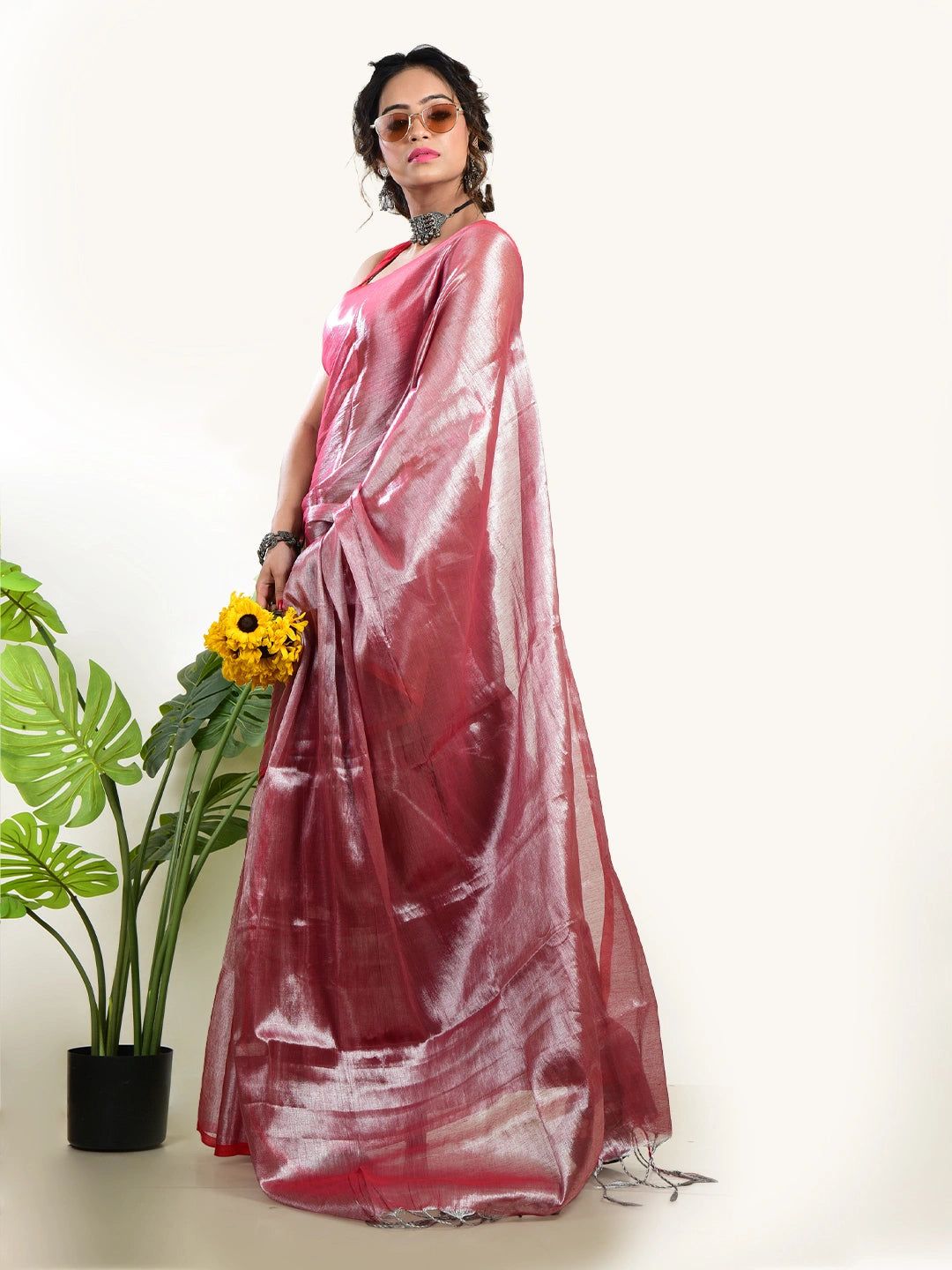 Rose Rush | Dusty Rose Handloom Tissue Saree image 2