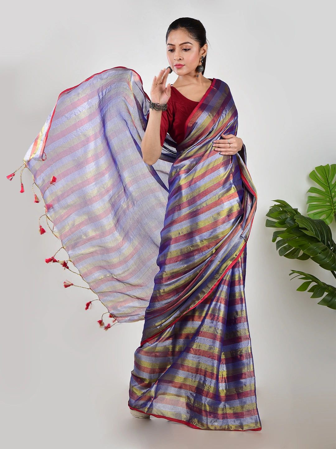 Rang Mehfil | Purple Multi Color Handloom Tissue Saree image 2
