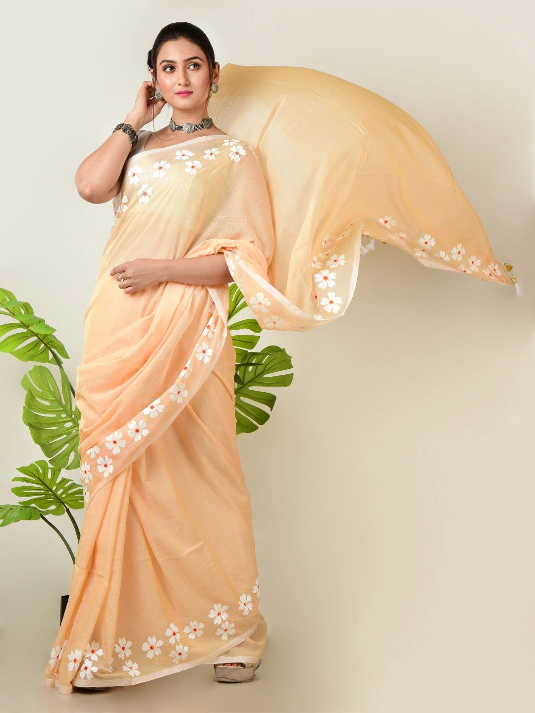 Rosy Mehak | Peach Beige Handloom Cotton Saree With Delicate Handcrafted Floral Art image 2