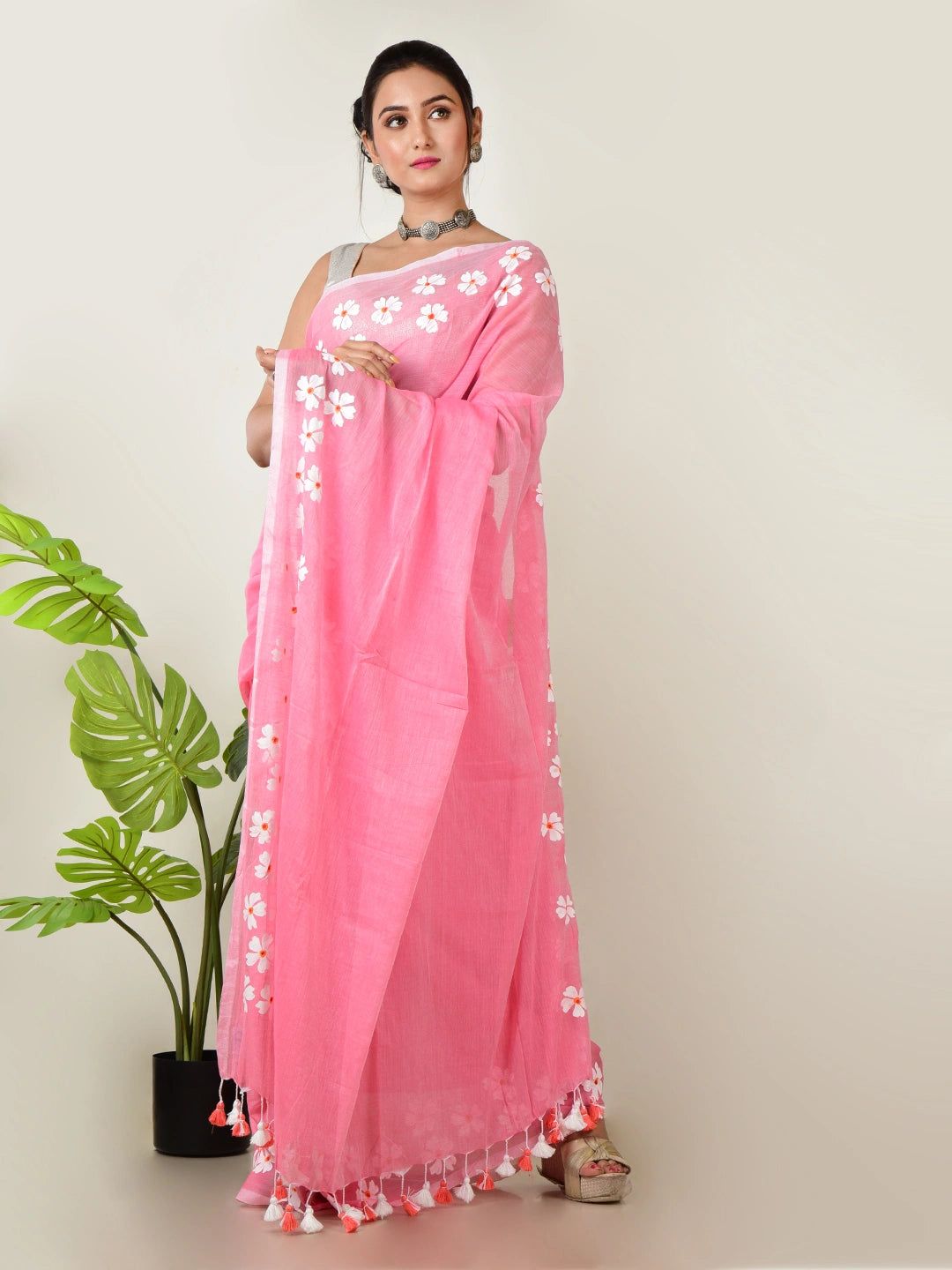 Meethi Gulab | Cotton Candy Pink Handloom Cotton Saree With Delicate Handcrafted Floral Art image 2
