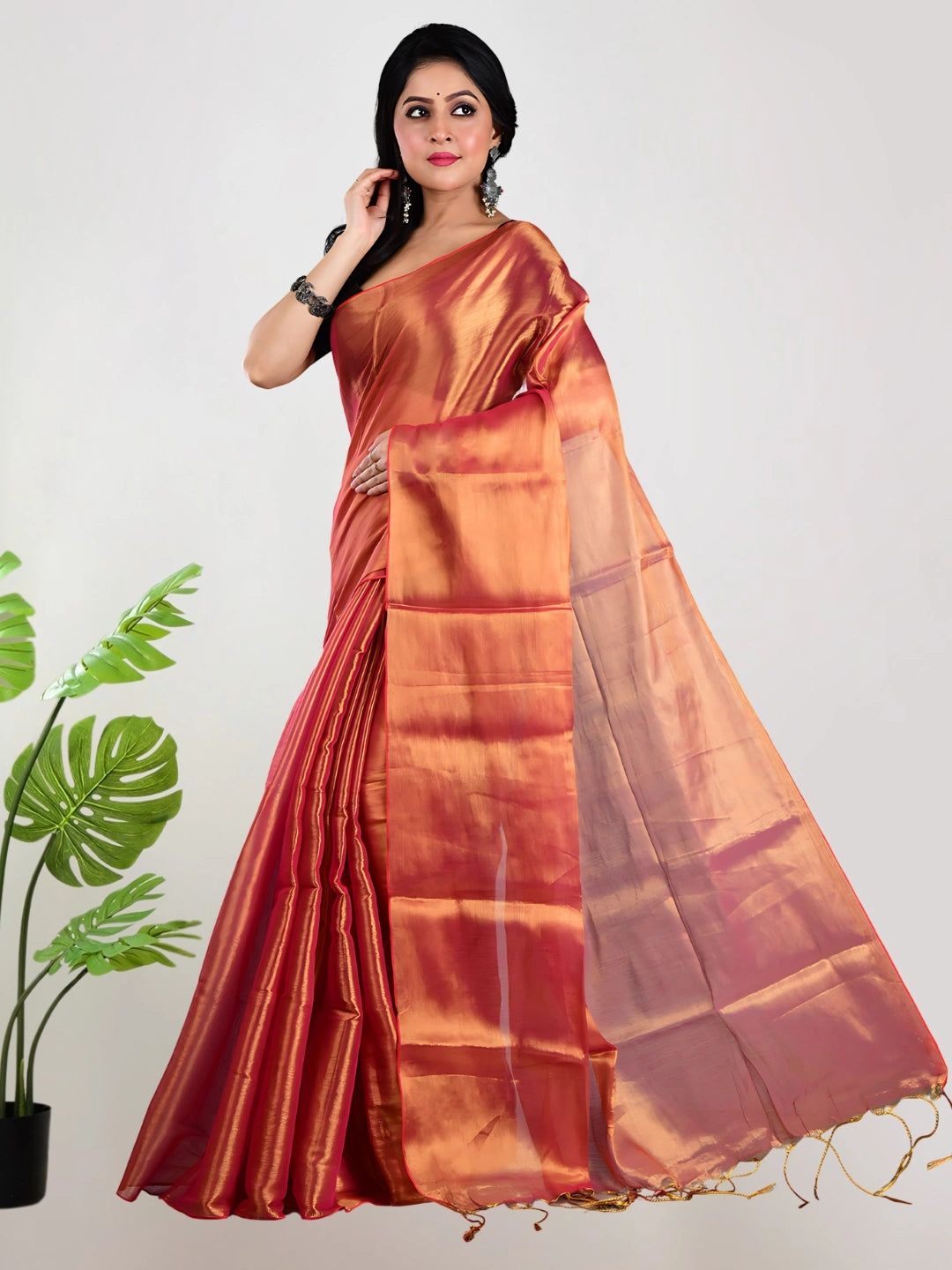 Orange Glow | Orange Handloom Tissue Saree image 2