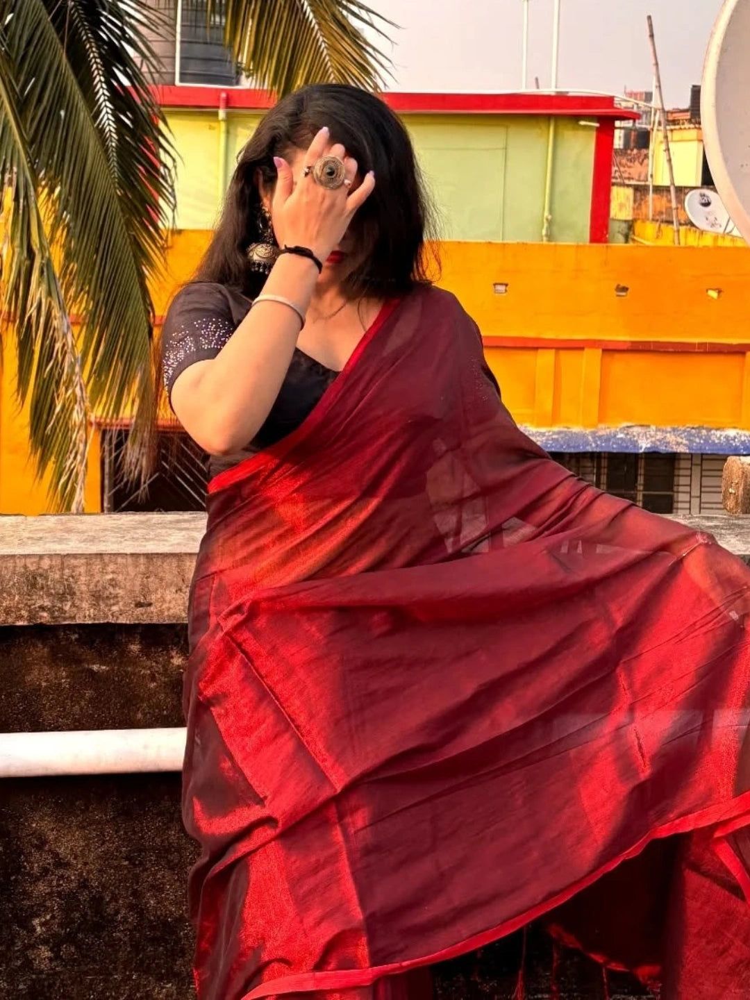 Wine Drizzle| Wine Red Handloom Tissue Saree image 3