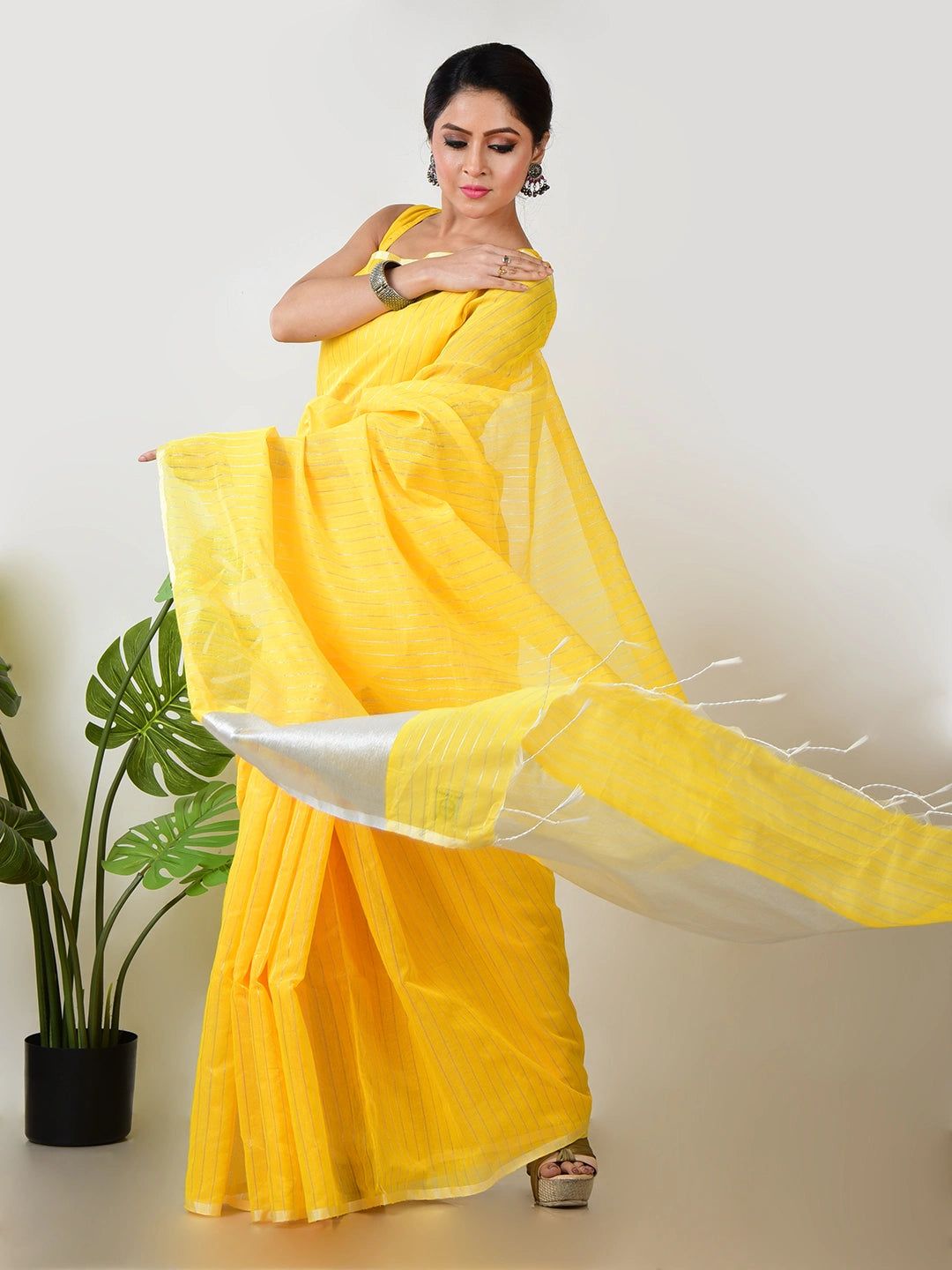 Apsara Aabha | Yellow Handloom Linen Saree With White Zari Stripe image 3