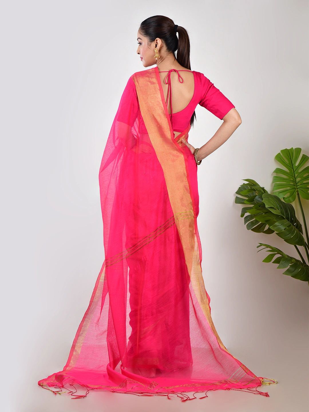 Rosair | Pink Handloom Linen Saree image 3