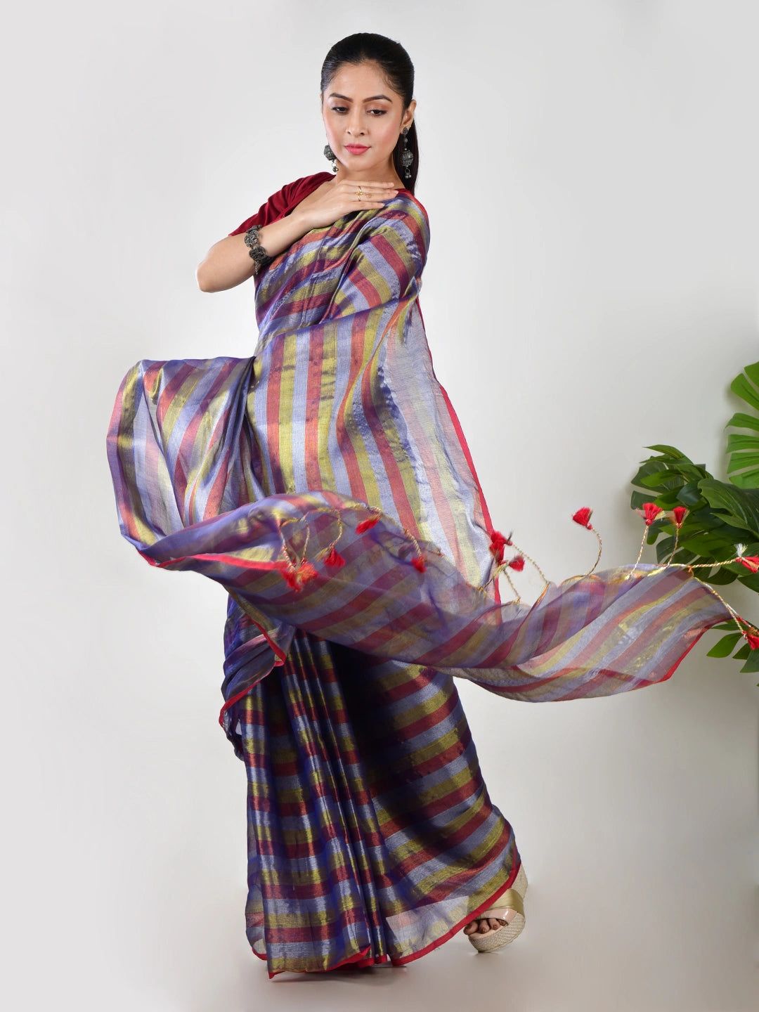 Rang Mehfil | Purple Multi Color Handloom Tissue Saree image 3