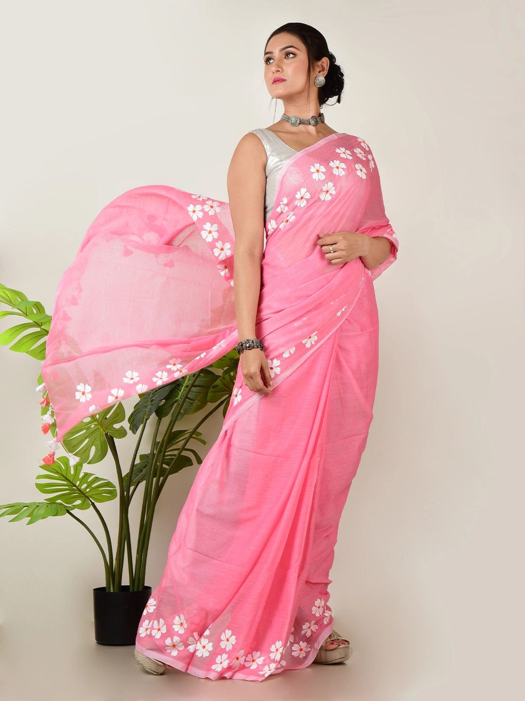 Meethi Gulab | Cotton Candy Pink Handloom Cotton Saree With Delicate Handcrafted Floral Art image 3