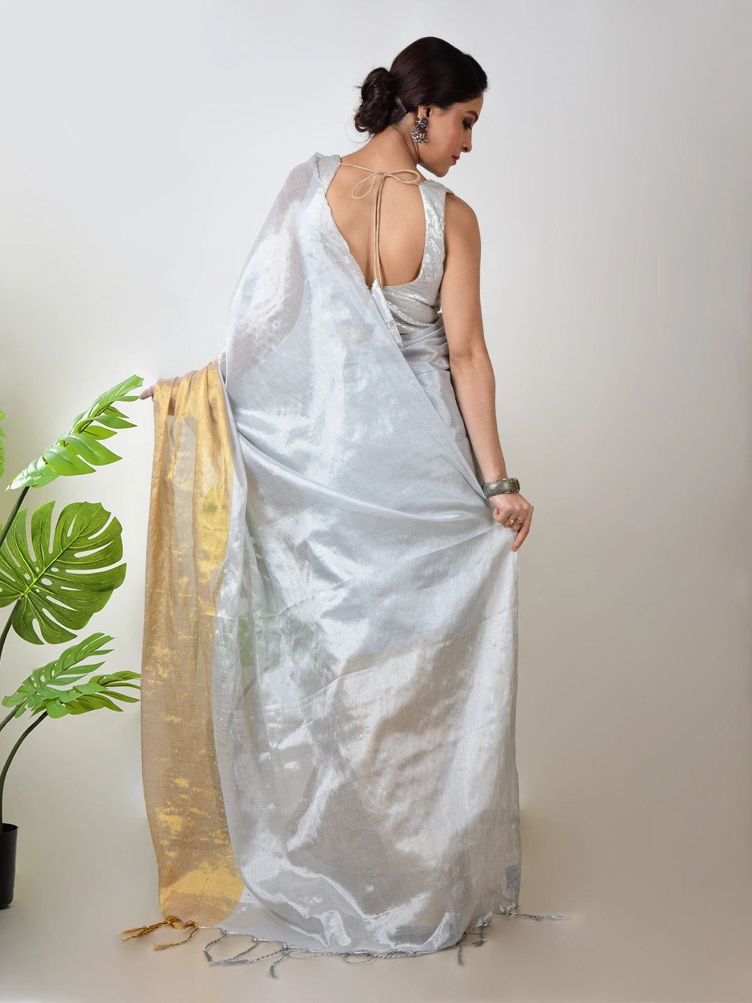 Butterscotch | White And Yellow Handloom Tissue Saree image 4