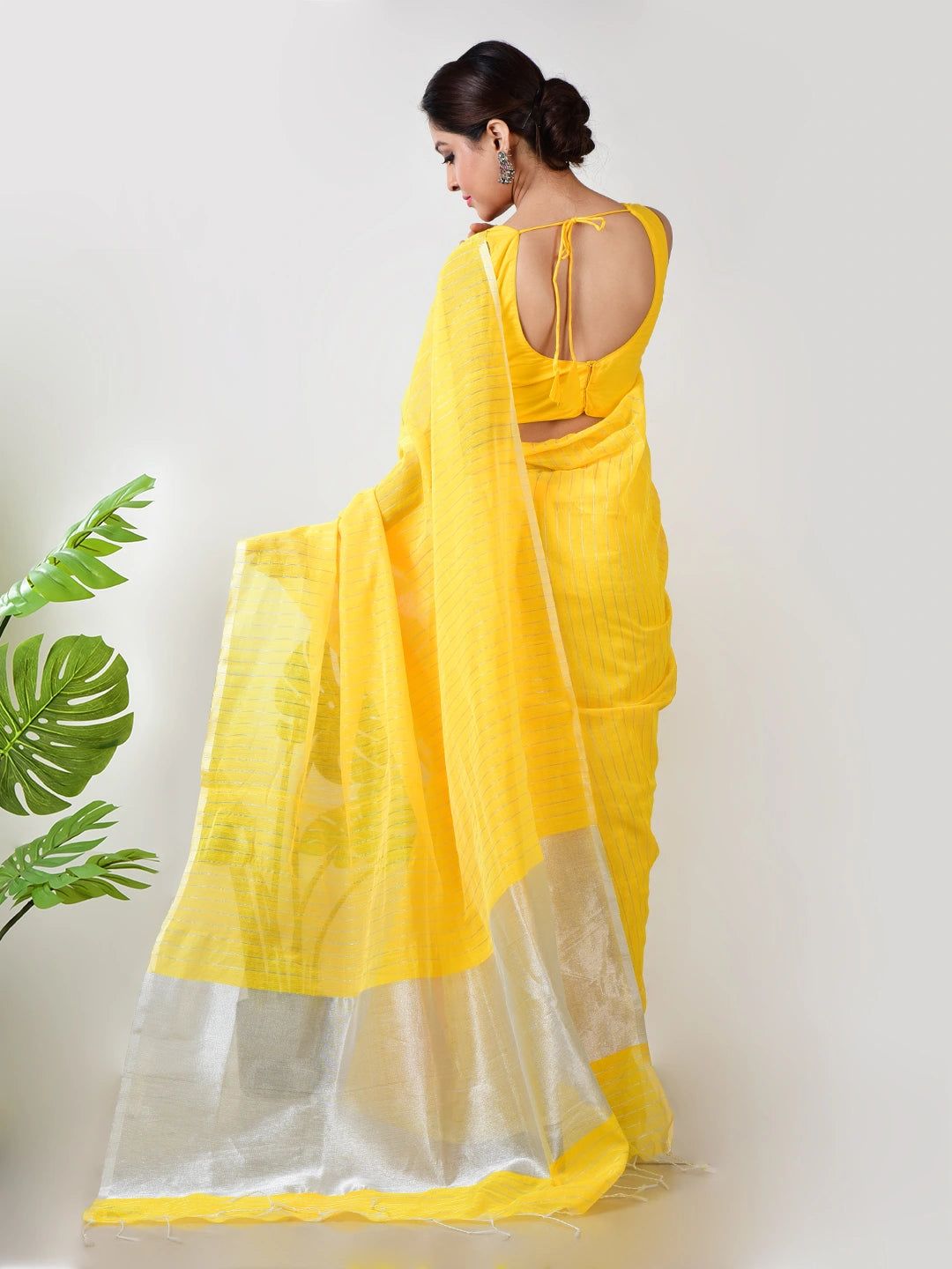 Apsara Aabha | Yellow Handloom Linen Saree With White Zari Stripe image 4