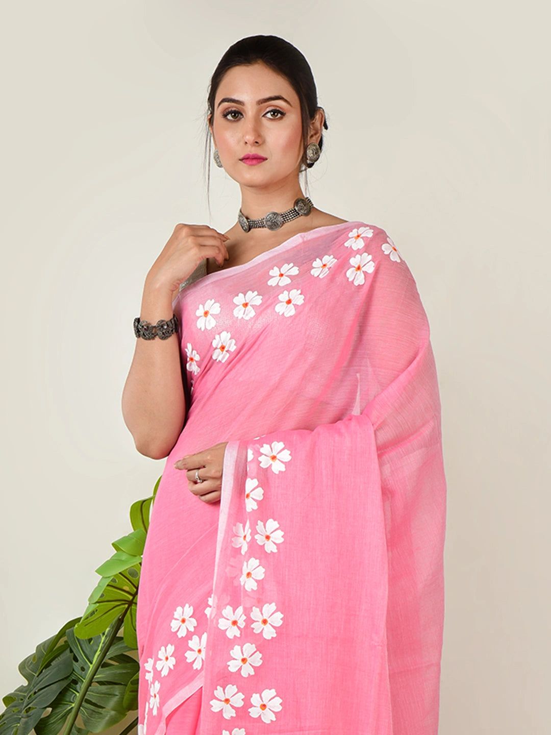 Meethi Gulab | Cotton Candy Pink Handloom Cotton Saree With Delicate Handcrafted Floral Art image 4