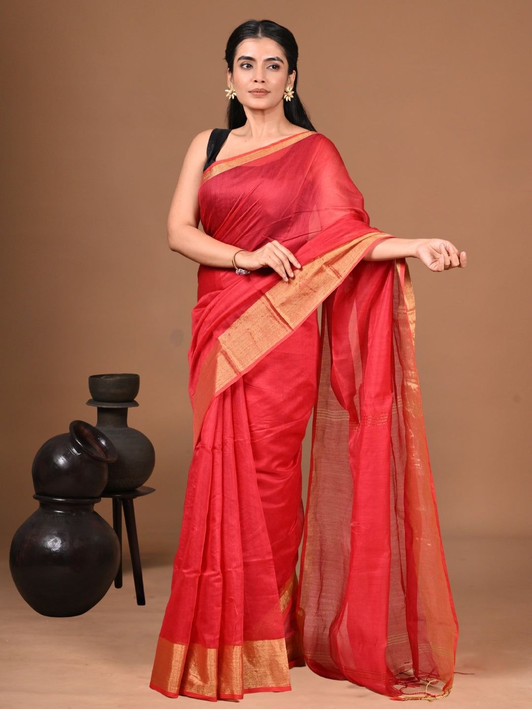 Lal Gagan | Red Handloom Linen Saree image 5
