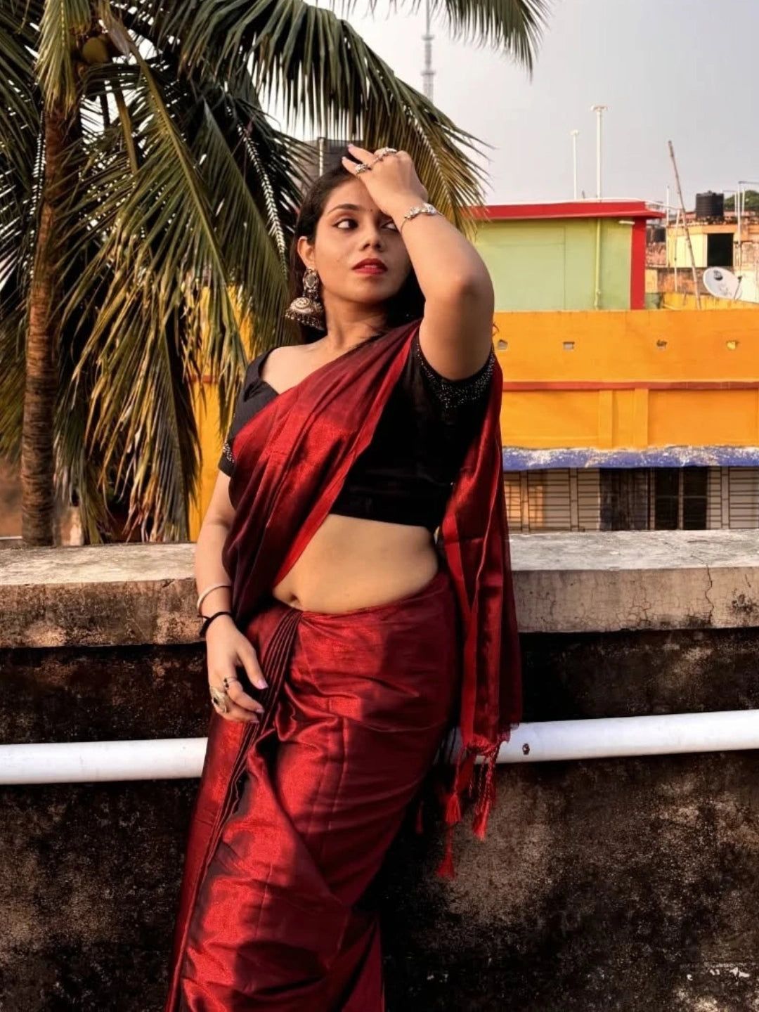 Wine Drizzle| Wine Red Handloom Tissue Saree image 5