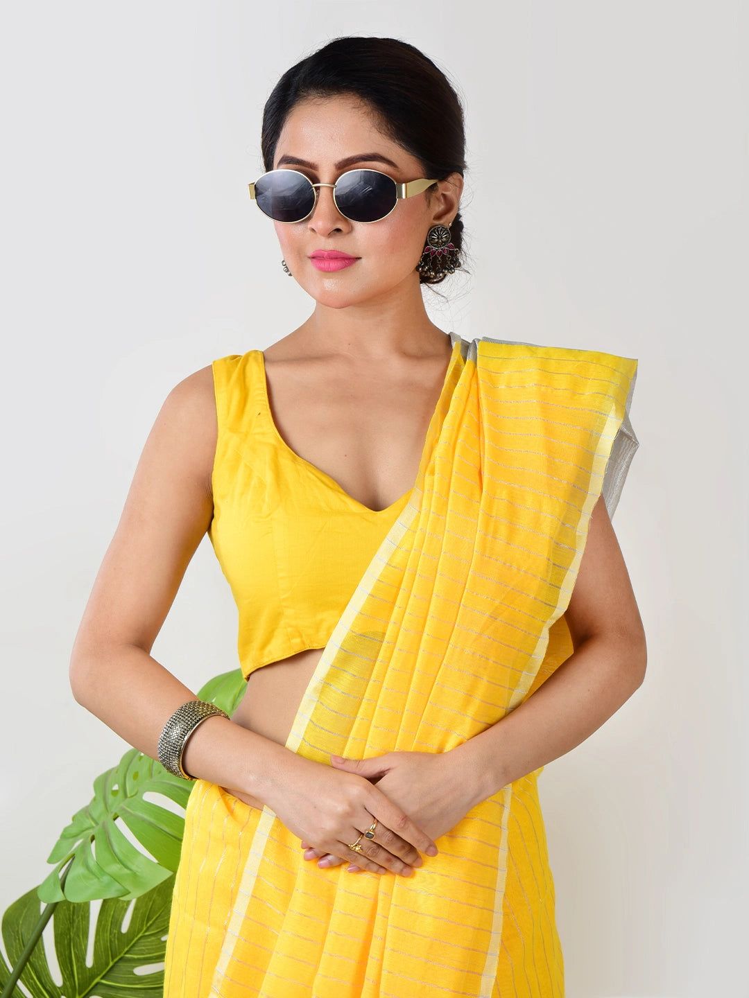 Apsara Aabha | Yellow Handloom Linen Saree With White Zari Stripe image 5