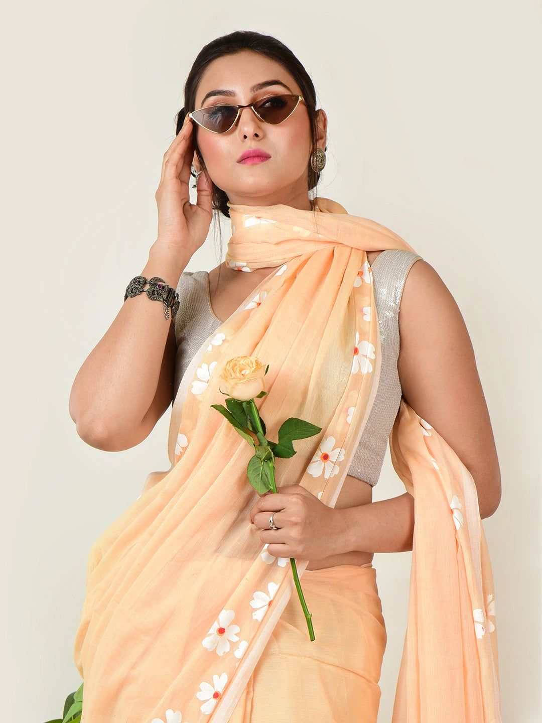 Rosy Mehak | Peach Beige Handloom Cotton Saree With Delicate Handcrafted Floral Art image 5