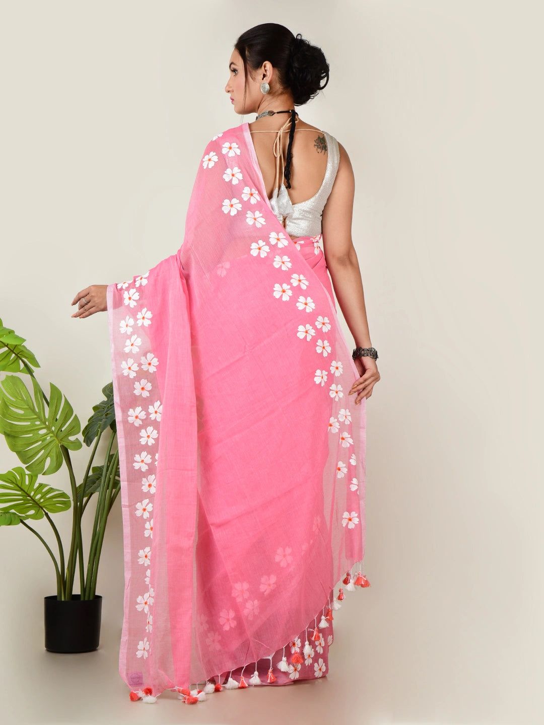 Meethi Gulab | Cotton Candy Pink Handloom Cotton Saree With Delicate Handcrafted Floral Art image 5