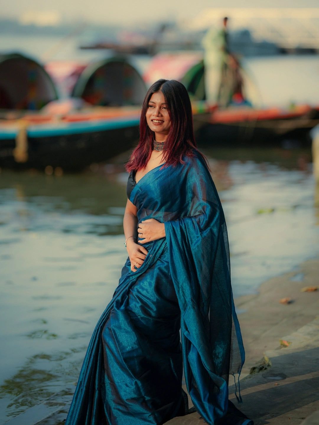 Turquoise Fleur | Turquoise Blue Handloom Tissue Saree image 5