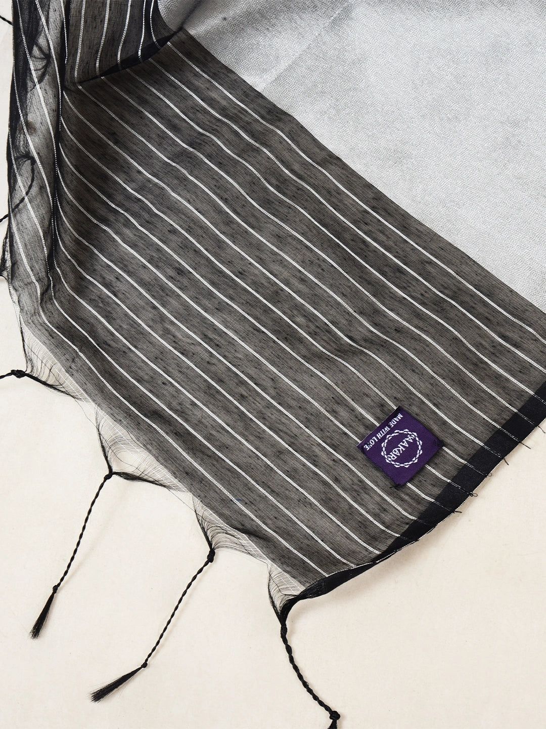 Nritya Nupur | Black Handloom Linen Saree With White Zari Stripe image 6