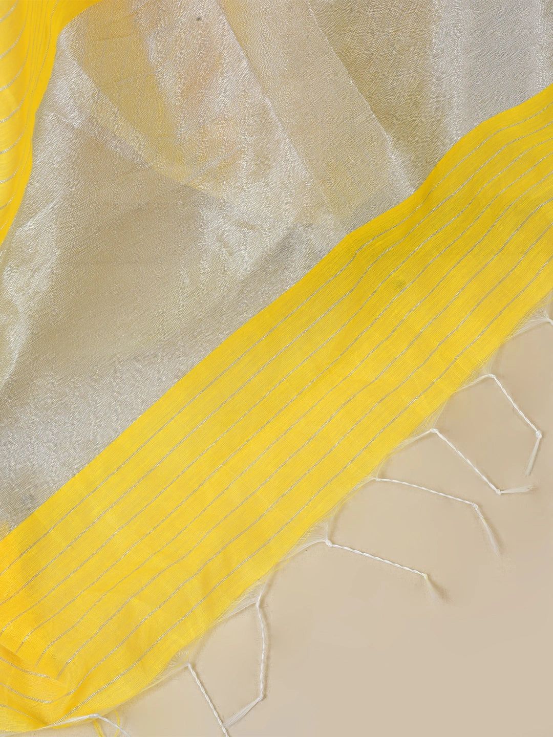 Apsara Aabha | Yellow Handloom Linen Saree With White Zari Stripe image 6
