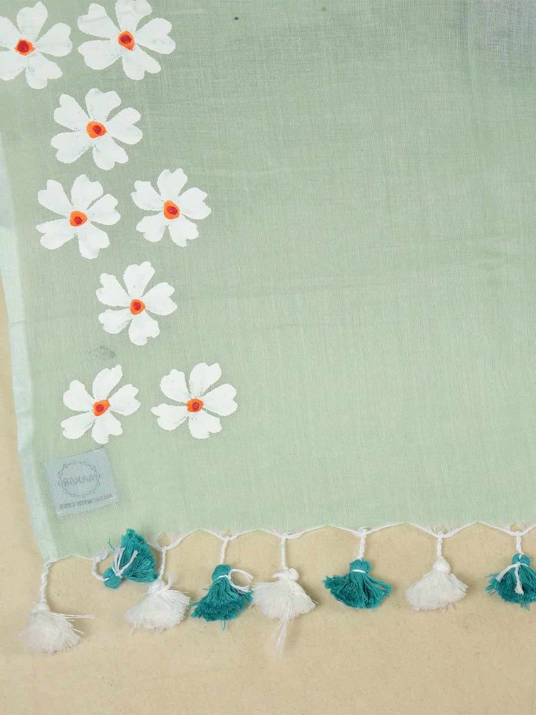 Saaj Hara | Pastel Green Handloom Cotton Saree With Delicate Handcrafted Floral Art image 6