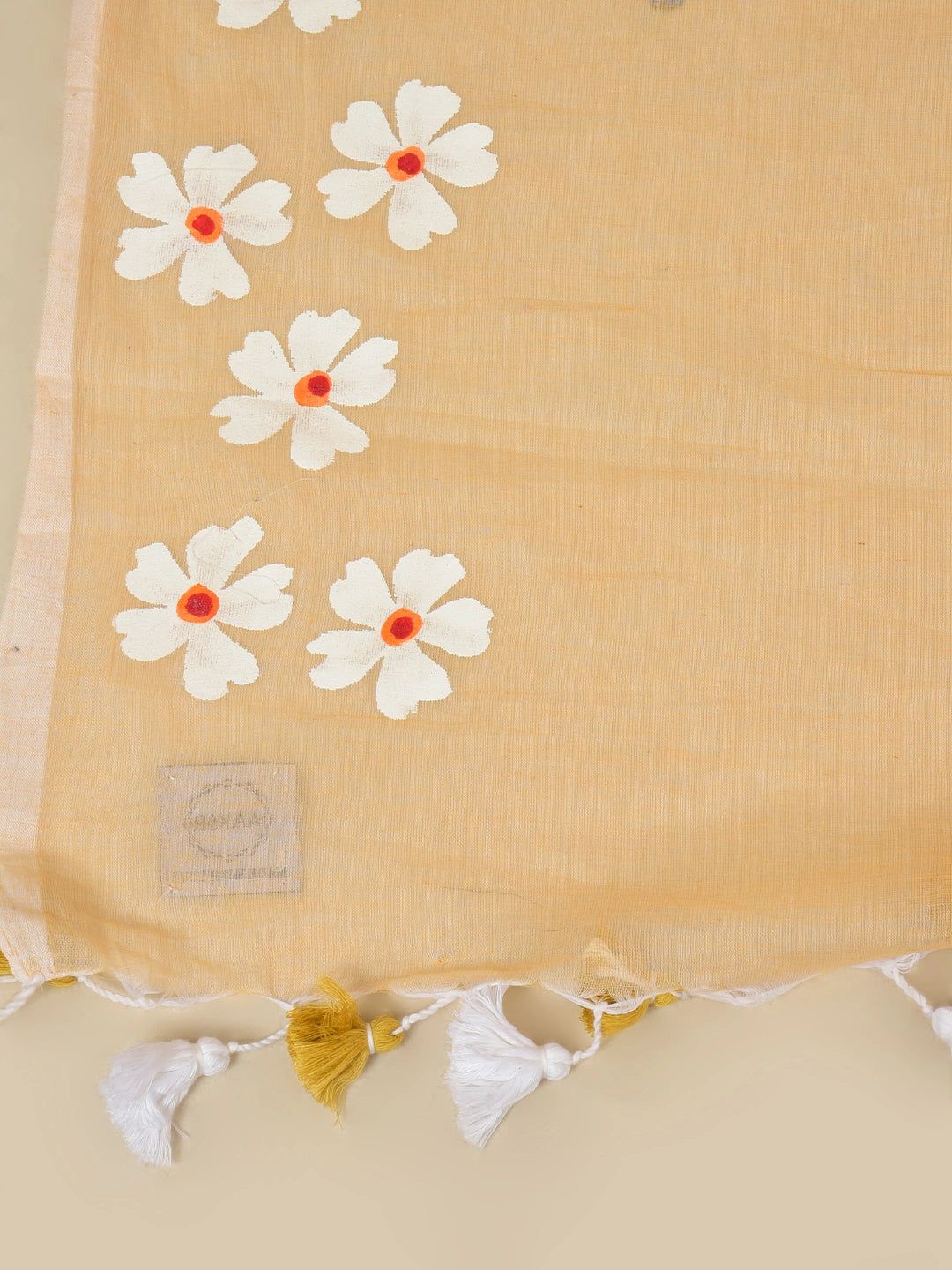 Rosy Mehak | Peach Beige Handloom Cotton Saree With Delicate Handcrafted Floral Art image 6