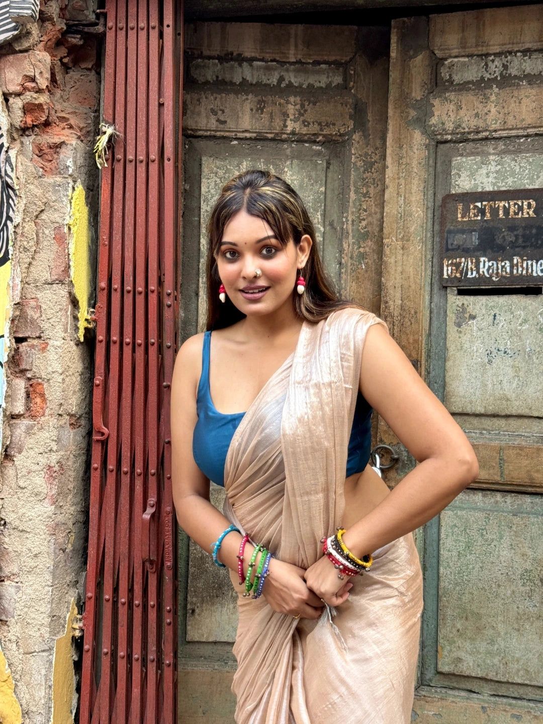 Rosy Dazzle | Rose Gold Handloom Tissue Saree. image 6