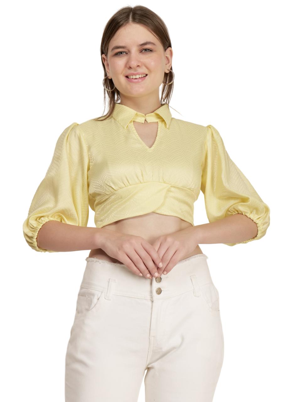 Yellow Satin Chic Crop Top image 2