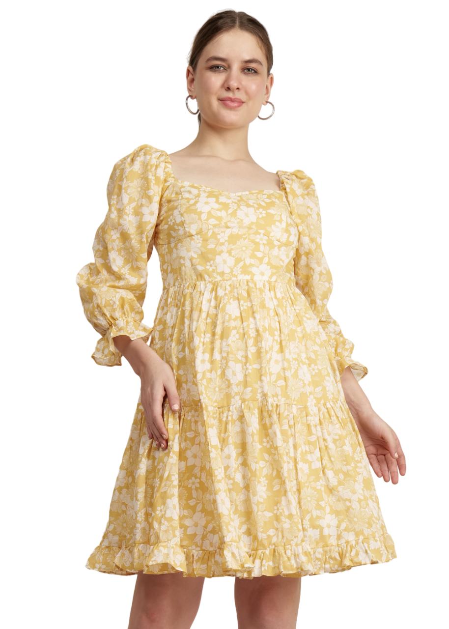 Women Yellow Cotton Printed Dress image 3