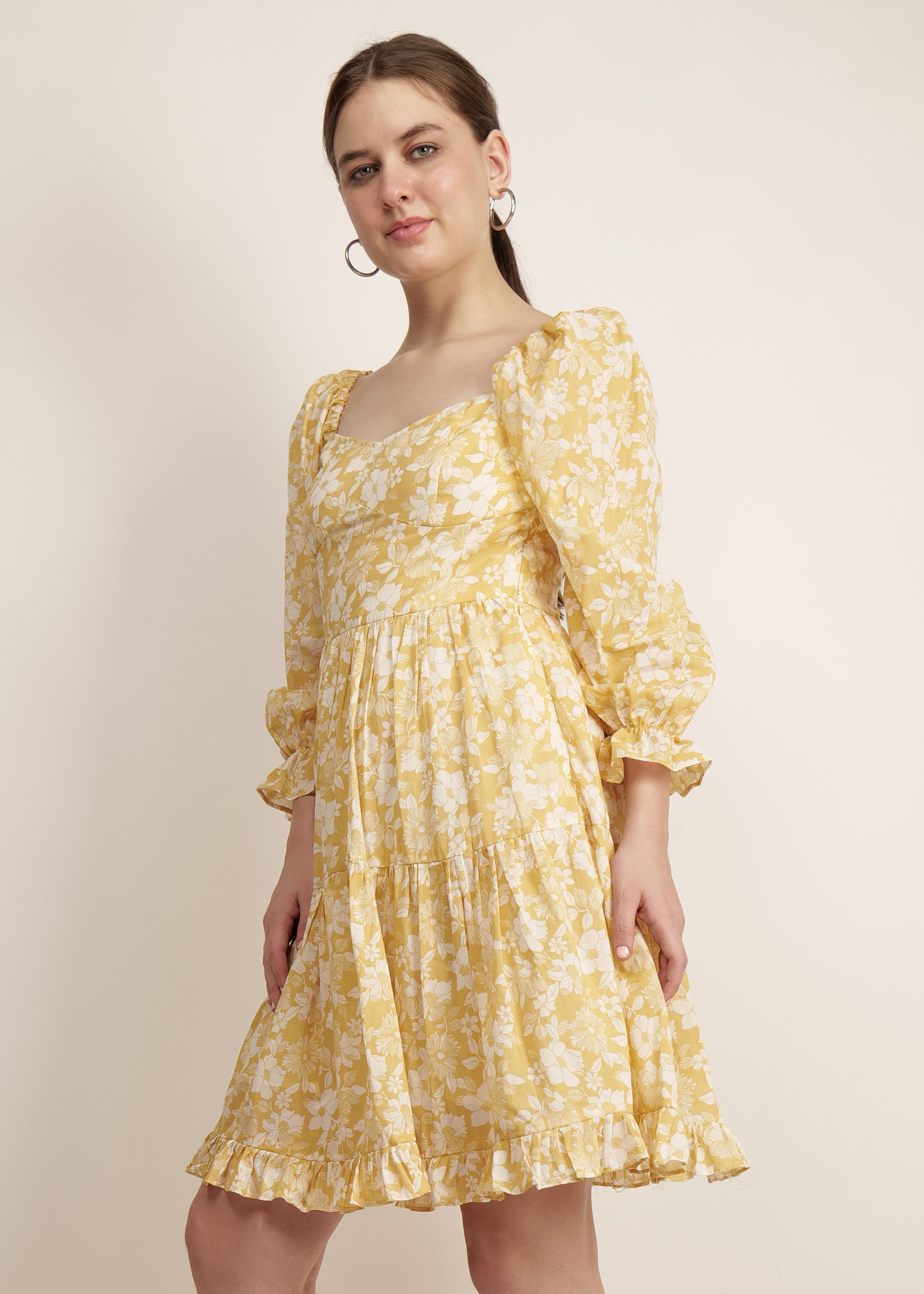 Women Yellow Cotton Printed Dress image 7
