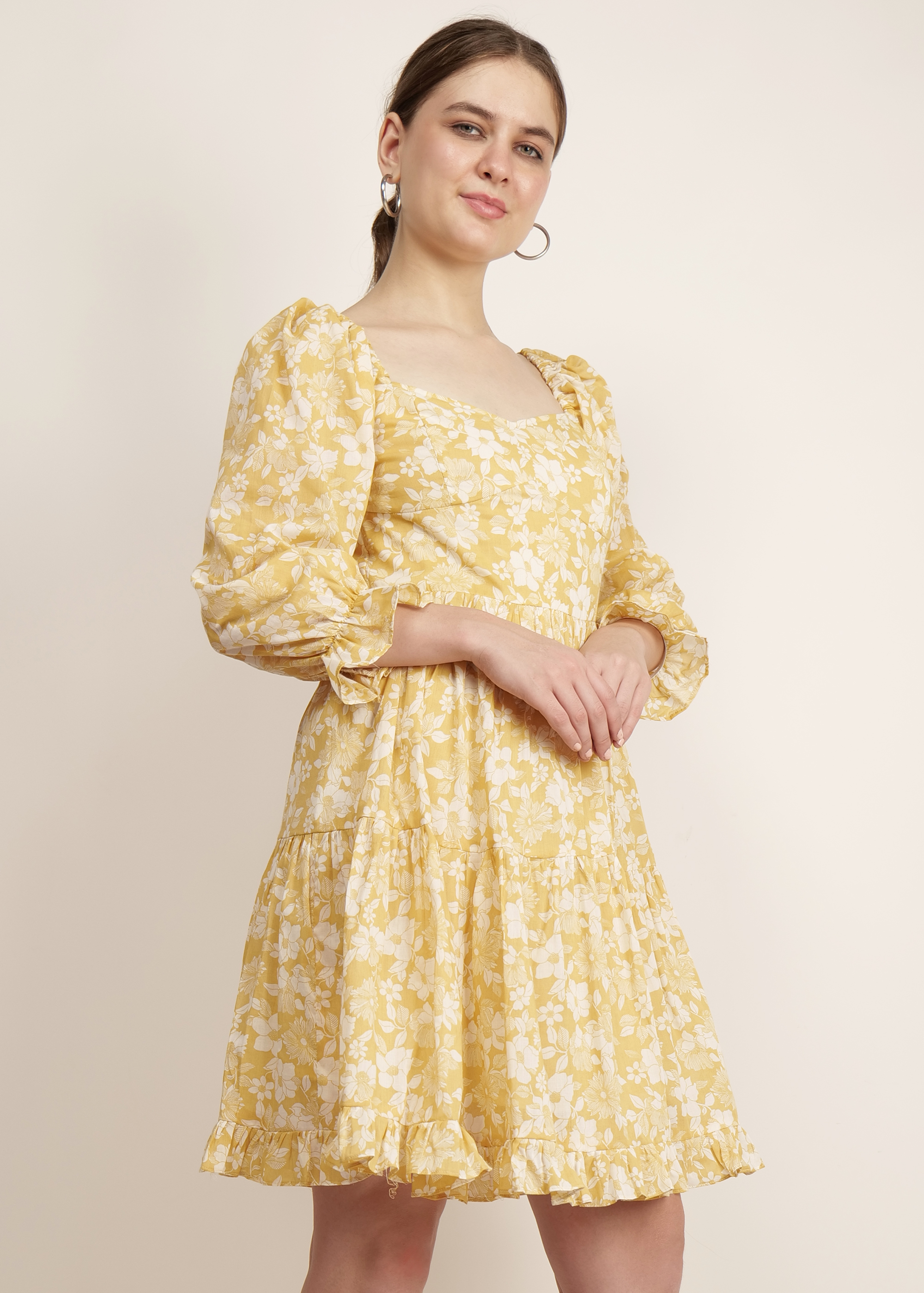 Women Yellow Cotton Printed Dress image 6